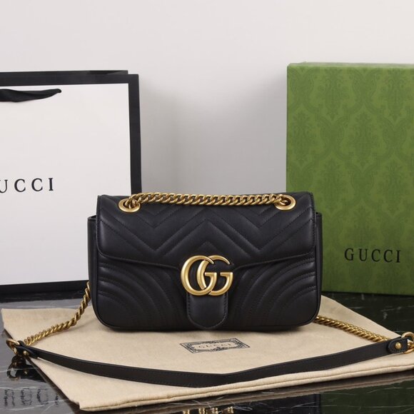 Auth GUCCI GG Marmont Mini Shoulder Bag  Black Leather Shoulder Bag - Picture 1 of 9